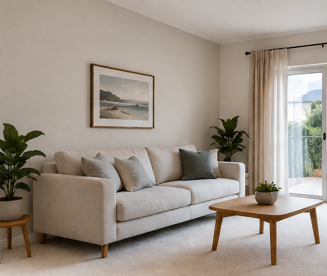 Neutral-wall demonstration view of the same living room